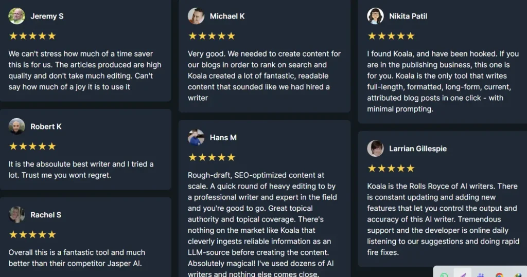 A grid of 5-star customer reviews for KoalaWriter, where users praise the tool for saving time, comparing it favorably to Jasper AI, and calling it the "Rolls Royce of AI writers."