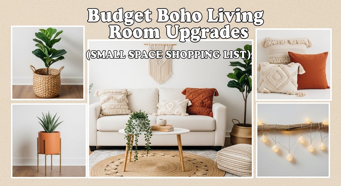 Create A viral pinterest pin. This Pinterest pin presents Budget Boho Living Room Upgrades (Small Space Shopping List) Text Overlay: "Budget Boho Living Room Upgrades (Small Space Shopping List)" in bold, white groovy font. This Pinterest pin is indulgent and highly clickable.